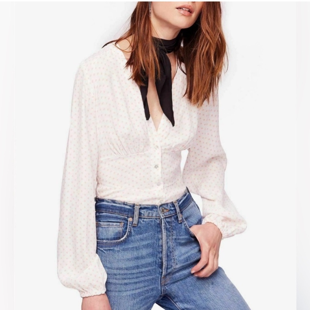 Free People Love Street Top Cream Pink Polka Dot Long Sleeve Small